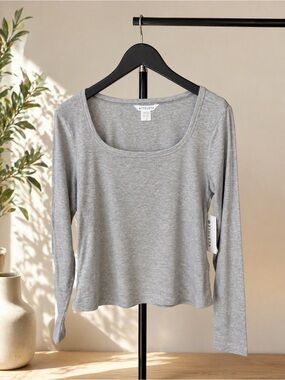 NWT Athleta Signature Rib Light Gray Square Neck Long Sleeve Luxe Size L